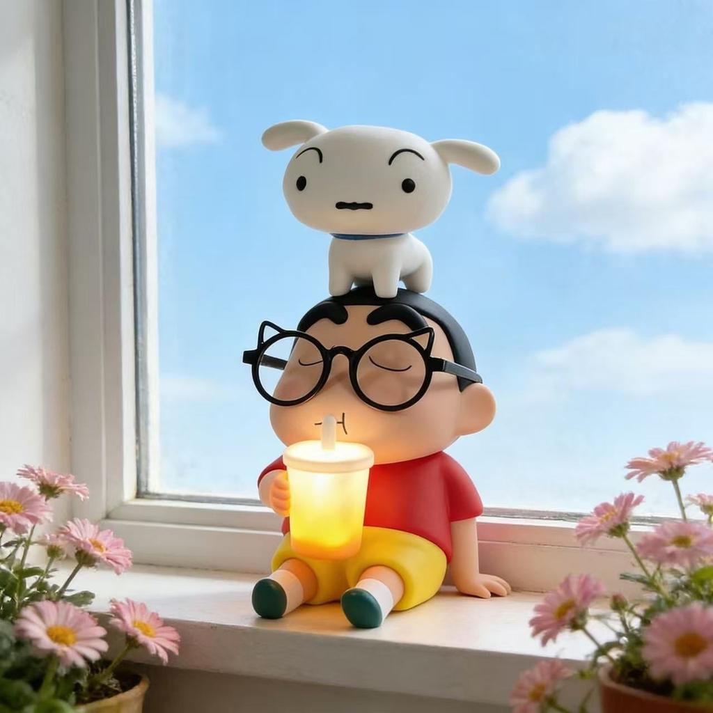 Crayon Shin Chan Night Light Tap Control Holding Soda Cup Vinyl Figure With Shiro Dog Cartoon Anime Desktop Decor For Anime Fans