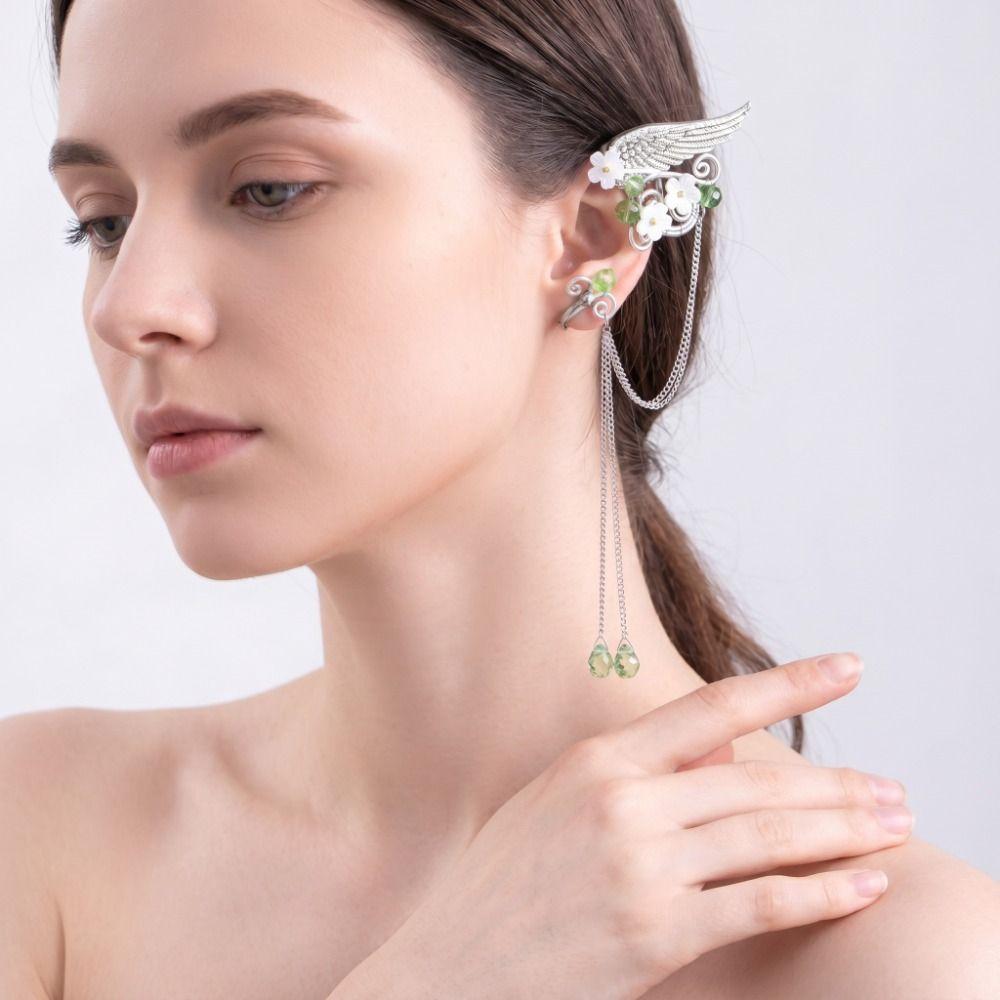 Left Ear Right Ear Zinc Zinc Alloy Elf Ear Clip Crystal Long Tassel Earrings Wings Ear Cuff Cosplay Jewelry