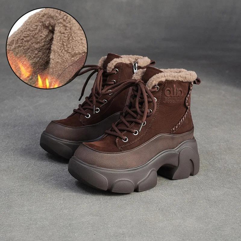 Johnature Plush Warm Genuine Leather Commuting Short Boots Retro Thick Soled Women's Shoes