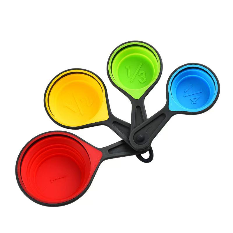 

Складной силиконовый набор мерных чашек и ложек, 4 предмета - Цветной с мерными делениями для кухонной выпечки Plastic Folding Cup [Black Handle]