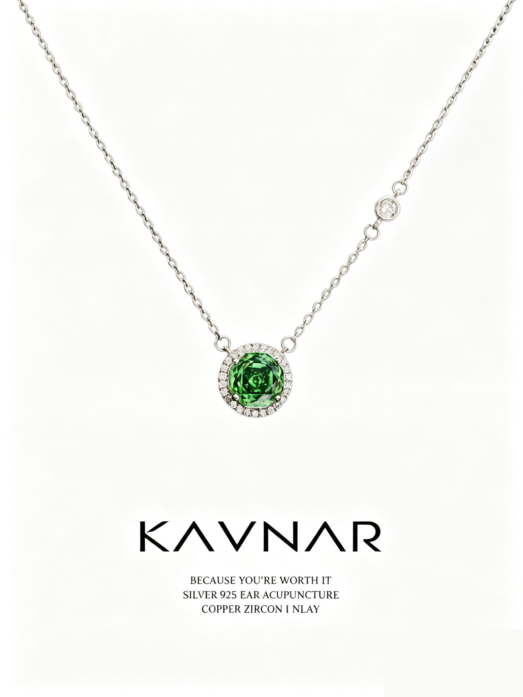 KAVNAR Necklace Elegant Silver Plated Green Cubic Zirconia Halo Pendant for Women