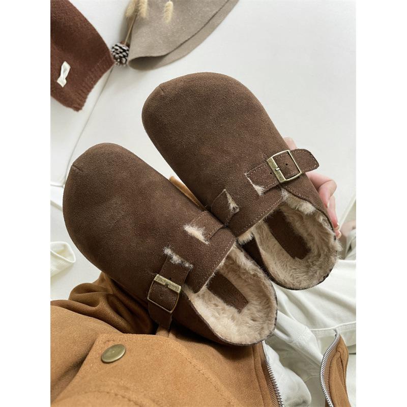 2025 new autumn and winter leather inner heightening loafer cotton drag loafer shoes women's bag head half slippers outer hair slippers