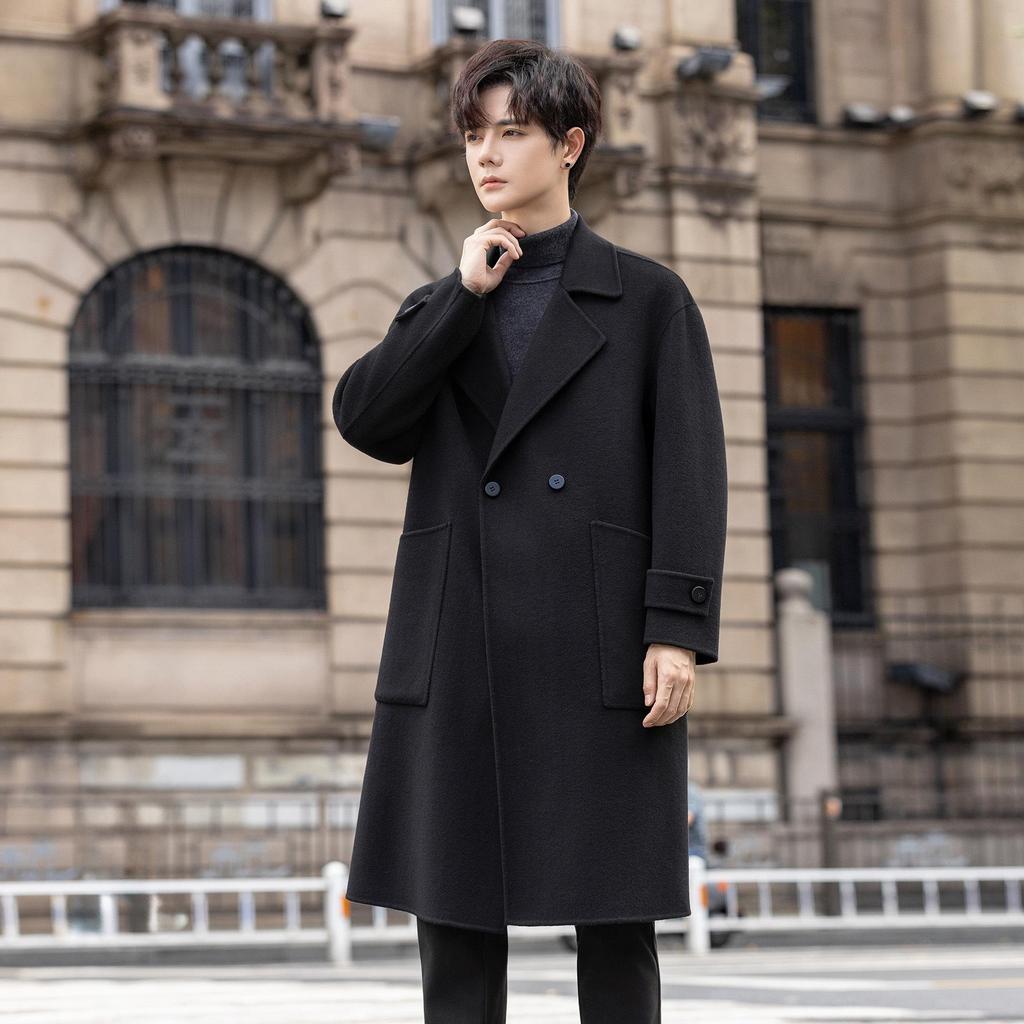 Men's Double-Sided Wool Blend Mid-Length Coat: Thickened Korean-Style Windbreaker for Autumn and Winter.
