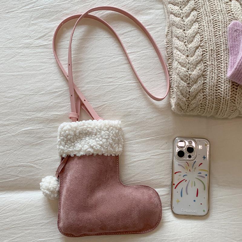 Portable Simple Style Suede Crossbody Bag Fluffy Lightweight Lamb Shoulder Bag Travel Christmas Sock Bag Women