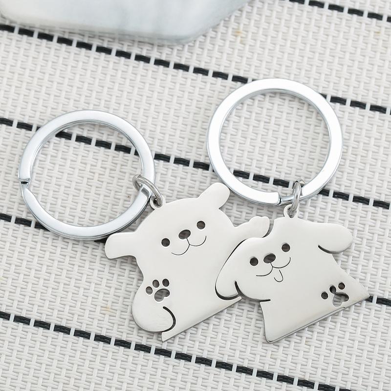 INS Pat Head Dog Stainless Steel Keychain Cute Cartoon Puppy Design Fashion Couple Pendant Practical Valentine's Day Gift