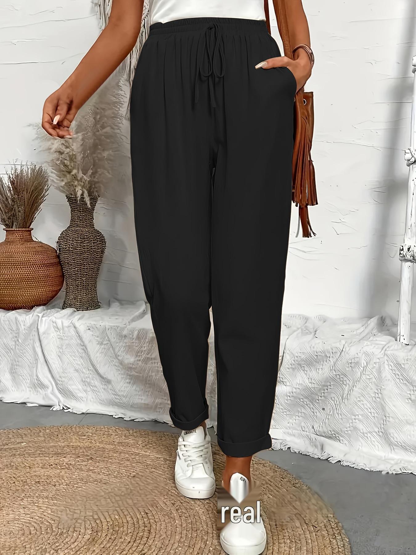 

Women s High Waist Drawstring Cotton Linen Casual Pants with Pockets (2025 Collection) Small чорний