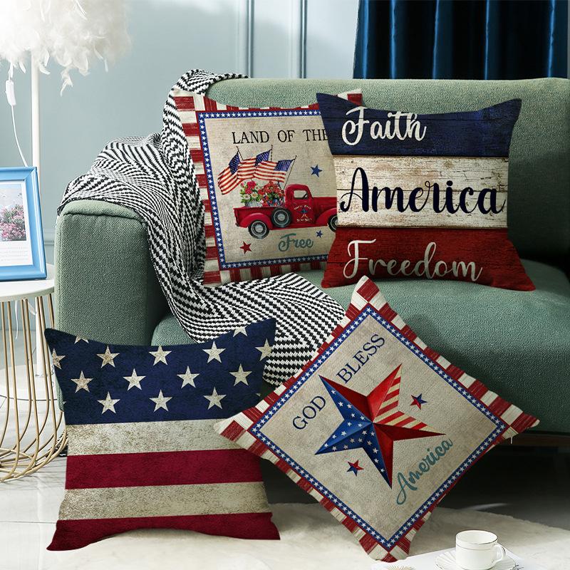 Independence Day Flag Four-piece Set, Linen Material, Home Cushion Cover, Five-pointed Star, Blue, White and Red Striped Letter Print