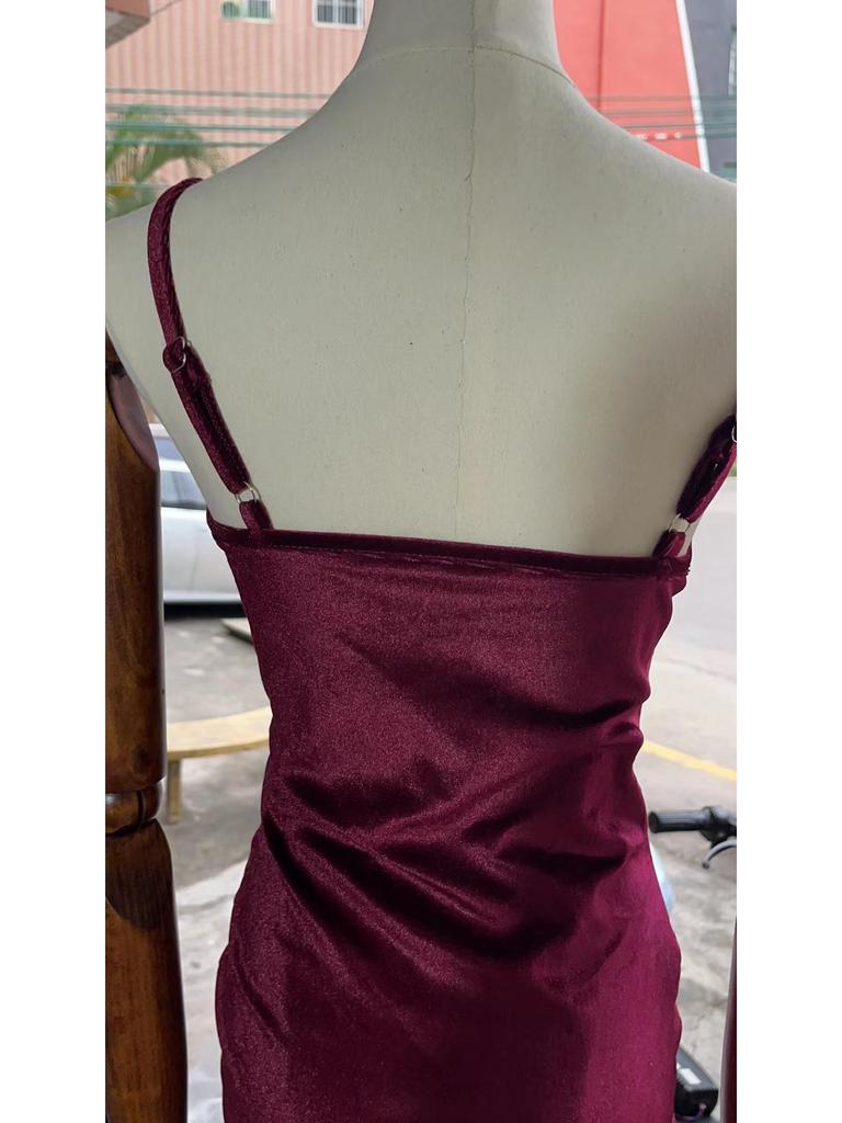 2025 Summer Velvet Spaghetti Strap Slim-Fit Slit Evening Dress for Women