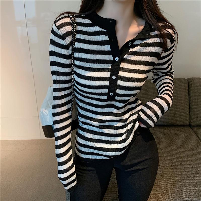Base Shirt Slim and Fashionable Striped Pullover Sweater Long-sleeved T-shirt Women's Top