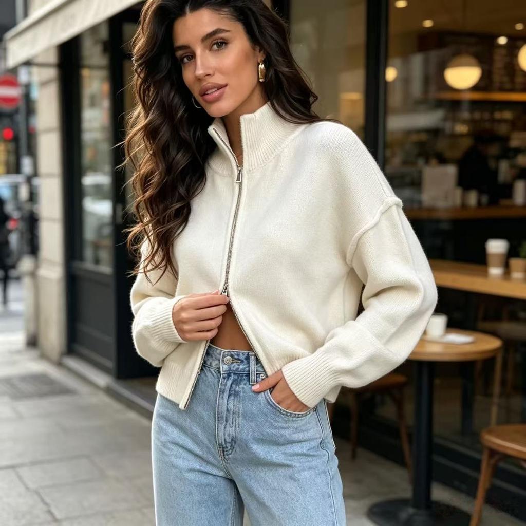 European and American Double-headed Zipper Sweater Jacket Women's Clothing Autumn and Winter New Turtleneck Casual Knitted Cardigan Loose Top