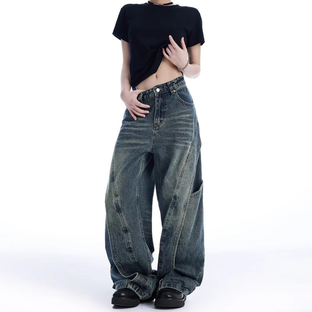 Jeans Larghi Unisex a Vita Media Deostrutturati Vestibilità Larga Vintage Americano Lavato Baggy in Denim Pantaloni Rilassati Lunghi Fino a Terra