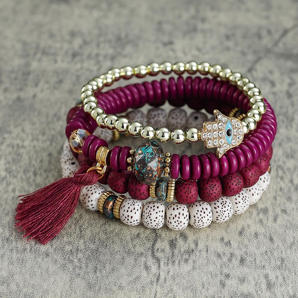 Bracelet bohème multicouches en perles avec pompon et motif palmier contre le mauvais œil pour homme et femme