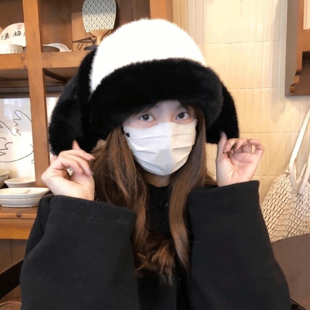 Coldproof Rabbit Ears Beanies Solid Color Ear Protection Hat Funny Plush Pullover Cap Women