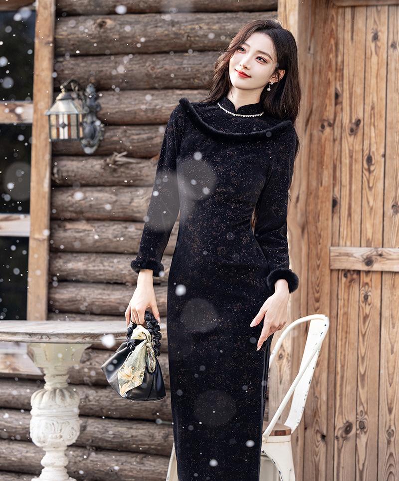 1011 autumn and winter new product elastic slim temperament thin long-sleeved cheongsam literary new Chinese thickened primer skirt