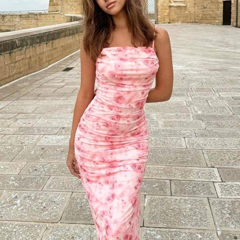 Cross-Border Foreign Trade Women's Independent Station 2025 Summer Sexy Spaghetti-Strap Floral Print Long Dress Sleeveless Slim Fit Hip Dress