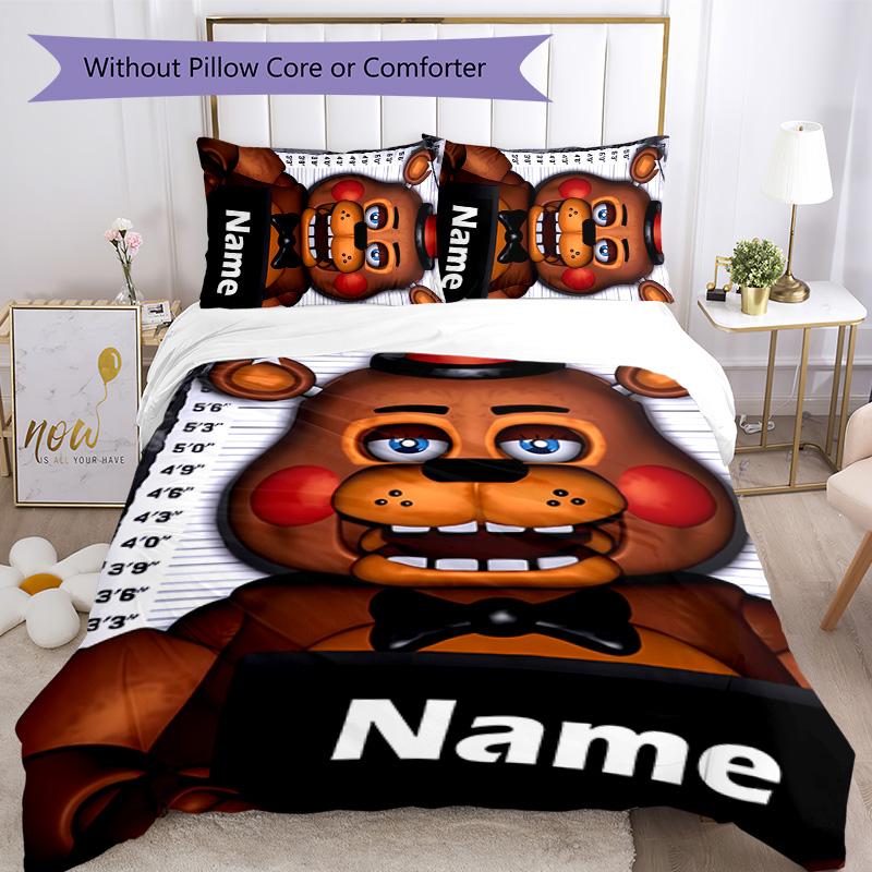 3pcs Freddy Bear2 Cover Set - Personalized Name, HD Printed Bedding with 1 Cover and 2 Pillowcases - Perfect for Home Decor, Easy Care
