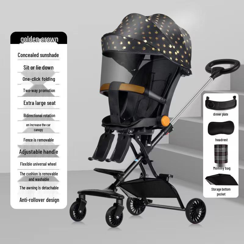 Lightweight Foldable Two-Way Reclining High Landscape Baby Stroller with Four Wheels.