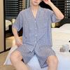 Pajamas men's spring and summer thin short-sleeved medium pants loose cardigan set loungewear men's plaid can be worn outside pajamas