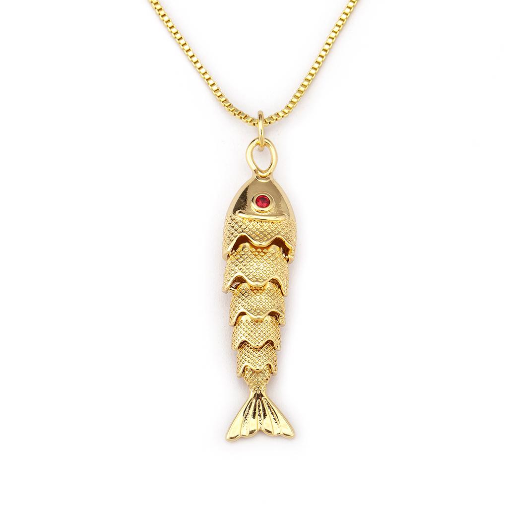 QIKU Fischform Anhänger Halskette Vergoldet mit Kristallauge Inlay Niedliche Kupfer Gliederkette für Party Reise Geschenke