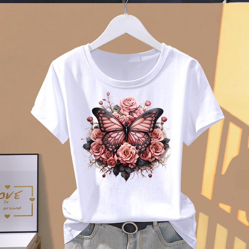 (Asian Size) lovely flower butterfly 90s Short Sleeve T-shirts Print O-neck Fashion Female Casual Women's Top T Clothing Graphic Tee