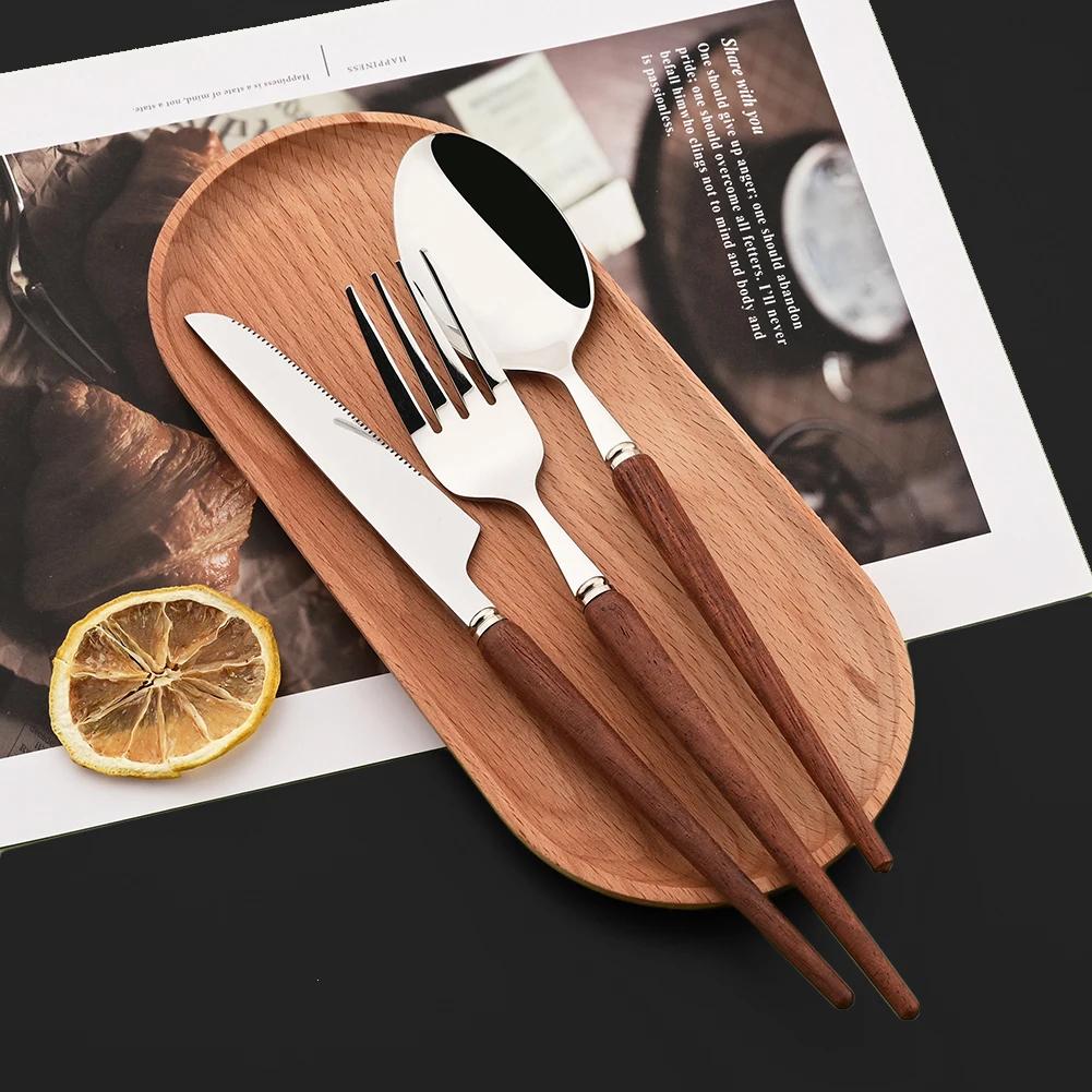 24Pcs New Wooden Handle Dinnerware Cutlery Set Stainless Steel Tableware Knife Fork Tea Spoons Silverware Western Flatware