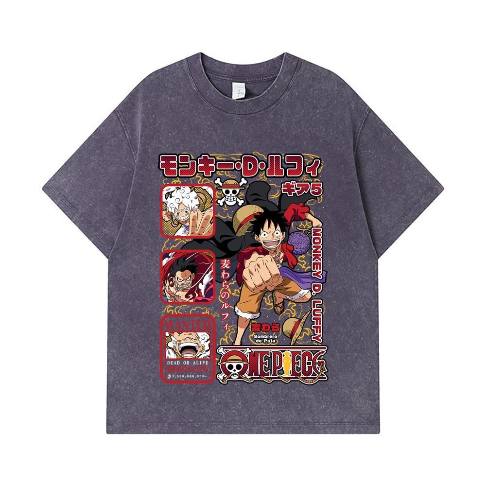 275 GSM Washed T-shirts 100% Cotton One Piece V78 Luffy Print Unisex Heavy Cotton T Shirt