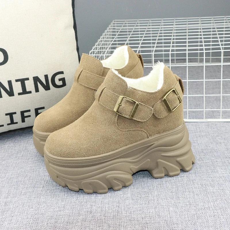 Increase 12CM Thick Soled Shoes Women's Winter New Cashmere Round Head Small 10cm Muffin Casual Women's Shoes Platform Boots