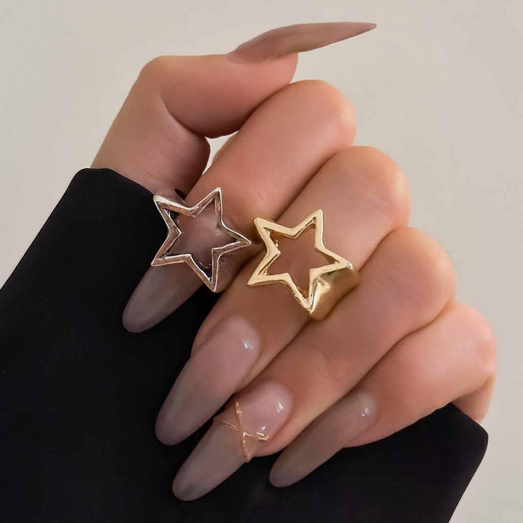 Sweet and Cool Ins Metal Hollow Pentagram Ring Set with Simple Geometric Star Ring for Women