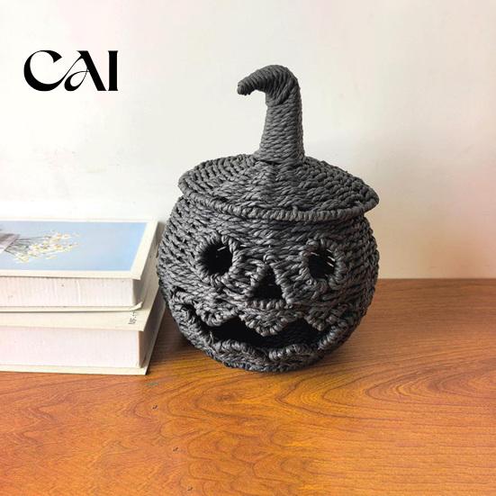 Boho Style Desktop Pumpkin Art Handwoven Lantern, Vintage Rustic Halloween Decor, Hollow Smile Versatile Window Display Props Face Storage Jar