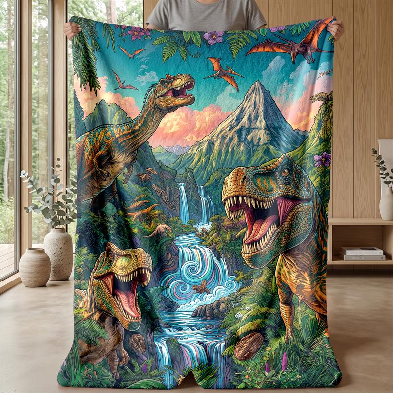 Dinosaur Adventure In Paradise Blanket Personalized Name Flannel Blanket Soft Cozy Plush Throw for Sofa Bed Lightweight Home Decor