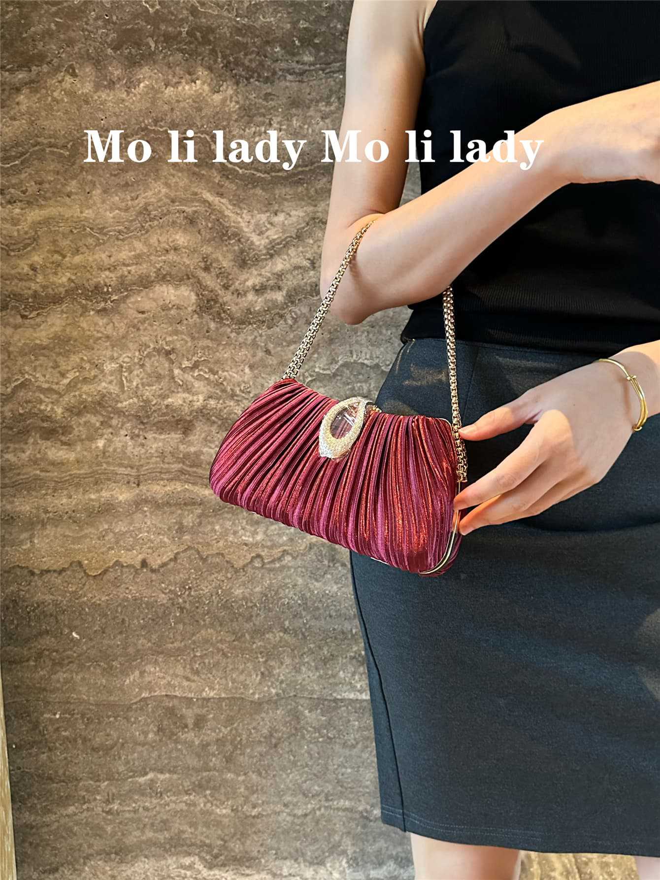 

Women s Elegant Satin Evening Bag Pleated Clutch Wedding Purse Chains Party Prom Handbags with Rhinestones for Wedding Bride бордовий