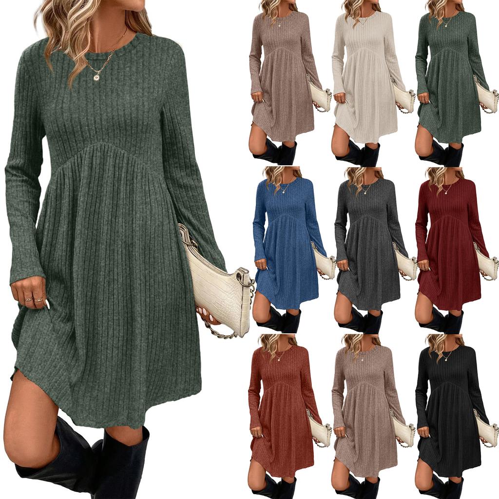 Women's Long-sleeved, Round-neck, High-waisted, Pocketed, Striped Dress
