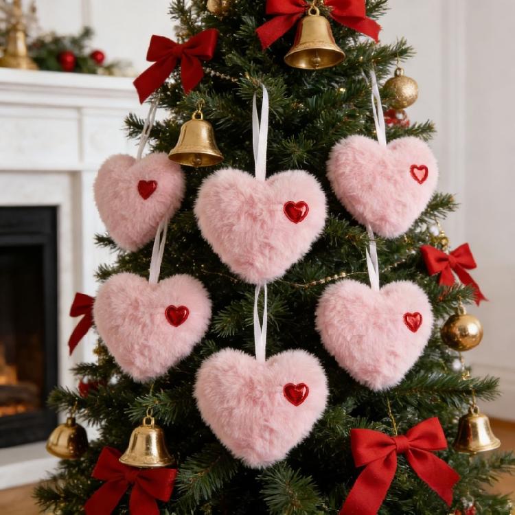 Festival Rabbit Hair Ball Heart Ornament Feature Ribbon Hanging Adornment For Holiday Party And Home Decors Accent