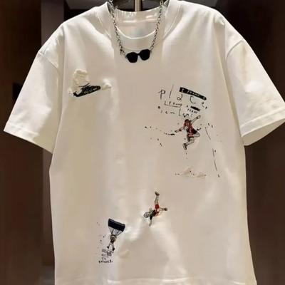 Men's White Crew Neck T-Shirt with Embroidered Skater Iti Print Casual Loose Fit Short Sleeve Top