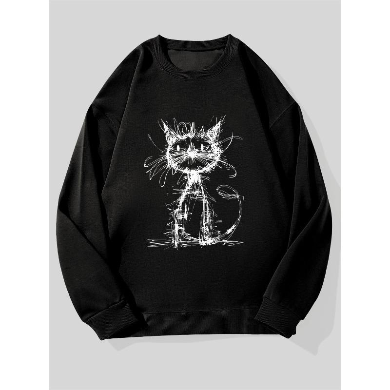 Men's White Hand-Drawn Black Cat Line Art Sweatshirt - Oversized Casual Crewneck Sweater with Minimalist Feline Design