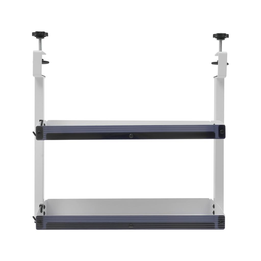 Clamp-On Desk Shelf – 2-Tier Under/Over Desk Storage Organizer with Guardrail – White