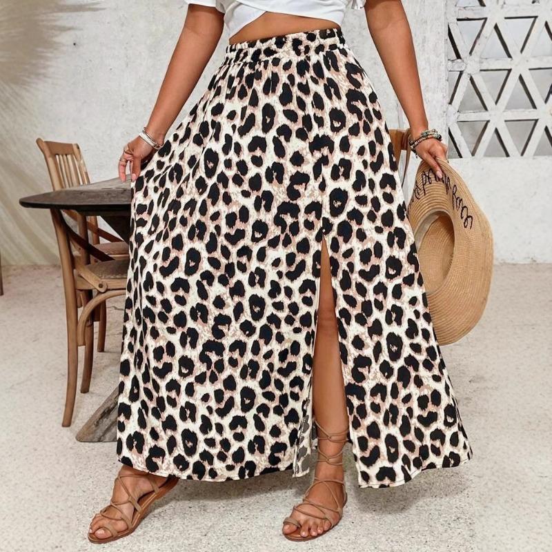 Летняя Новая Женская Юбка с Леопардовым Принтом Высокая Талия Эластичная Талия Разрез по Подолу Повседневная Длинная Юбка XL хаки