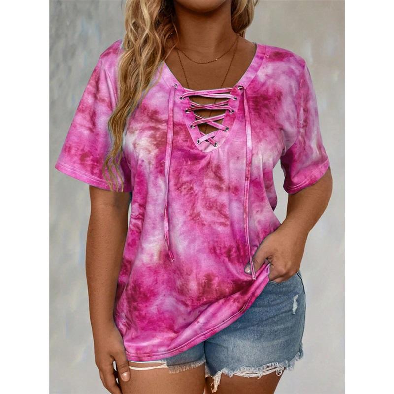 New Tie-Dye Print V-Neck Lace-Up Short Sleeve T-Shirt Polyester Knit Loose Plus Size Top Multi-Color Available