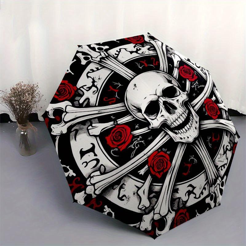 Skull & Roses Crossbones Circular Wall Art Decor Umbrella, Portable 3-Fold Compact Umbrella for Men & Women R135