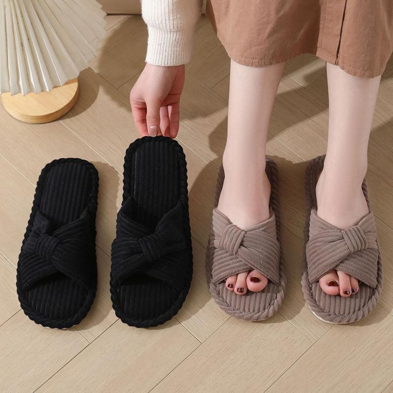 Fashion Indoor Soft Solid Cotton Slipper Woman Winter 2025 Casual Open Toe Flat Slippers Women Cross Strap Corduroy Cotton Slides Mujer