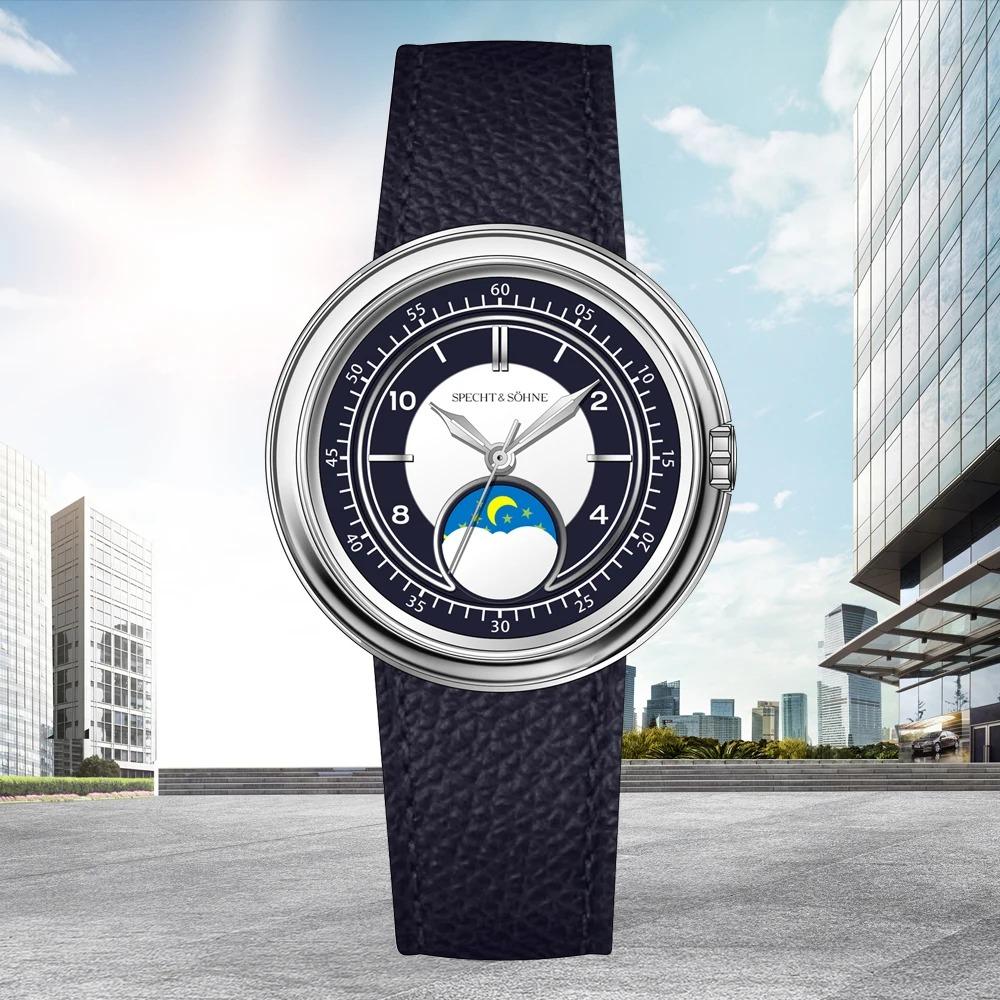 Specht & Söhne 2025 Men's Luxury Quartz Watch Genuine Leather Stainless Steel Japan Moon Phase 40MM Top Hot Wristwatch For Men