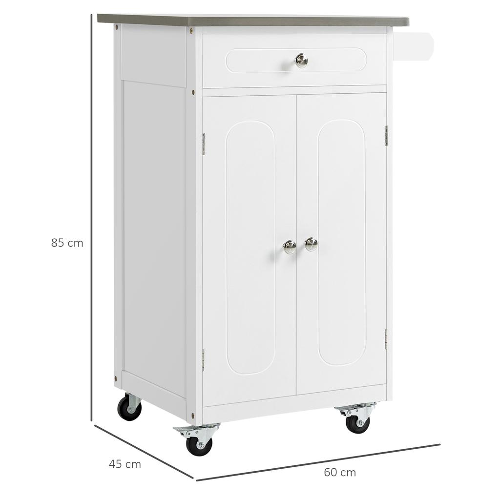 Serving Trolley Kitchen Cart on Wheels Multi-Storage 1 Drawer 2-Door Cupboard with Shelf Towel Rack White MDF Stainless Steel