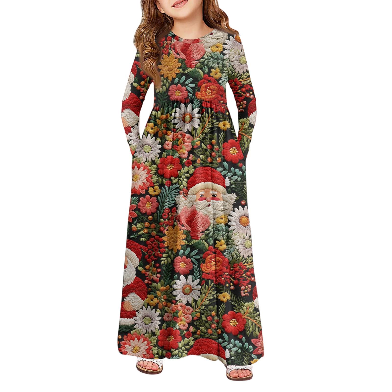 

Девичье платье макси - Платье с длинным рукавом и карманом на Рождество 110