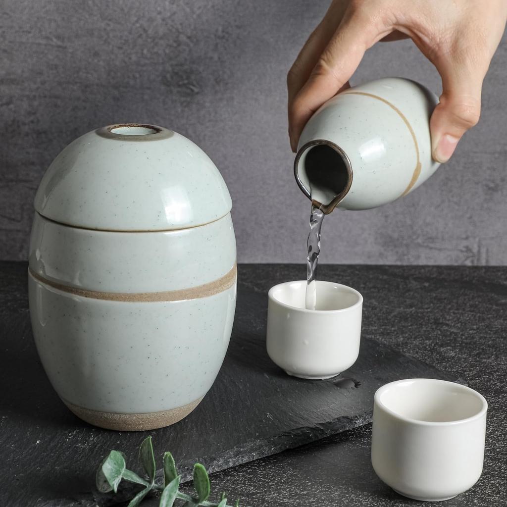 Sake and Hot Sake Set - Ceramic 5-Piece Set: 1 X 150ml Sake Carafe, 2 X 30ml Sake Cups, 1 X 350ml Sake Carafe, 1 X Sake Warmer, 1 X 70ml Lid. The Cara