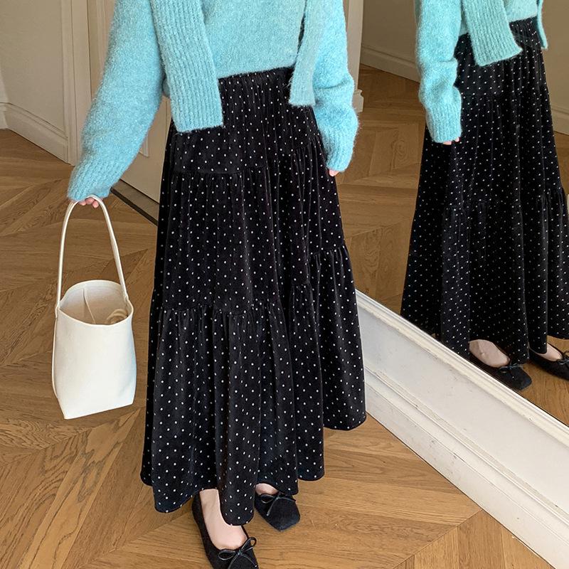 2025 Autumn/Winter Women's Polka Dot Velvet A-line Midi Skirt with Elastic Waist