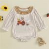 Newborn Baby Girl Fall Bubble Romper Stripe Print Strawberry Embroidery Long Sleeve Ruffled Round Neck Jumpsuit