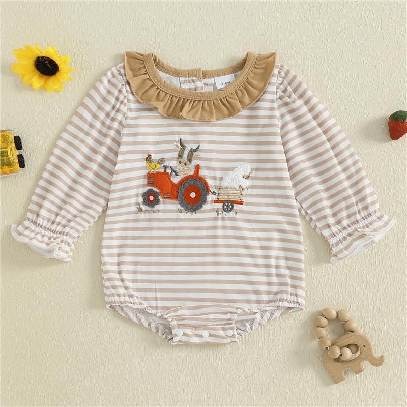 Newborn Baby Girl Fall Bubble Romper Stripe Print Strawberry Embroidery Long Sleeve Ruffled Round Neck Jumpsuit