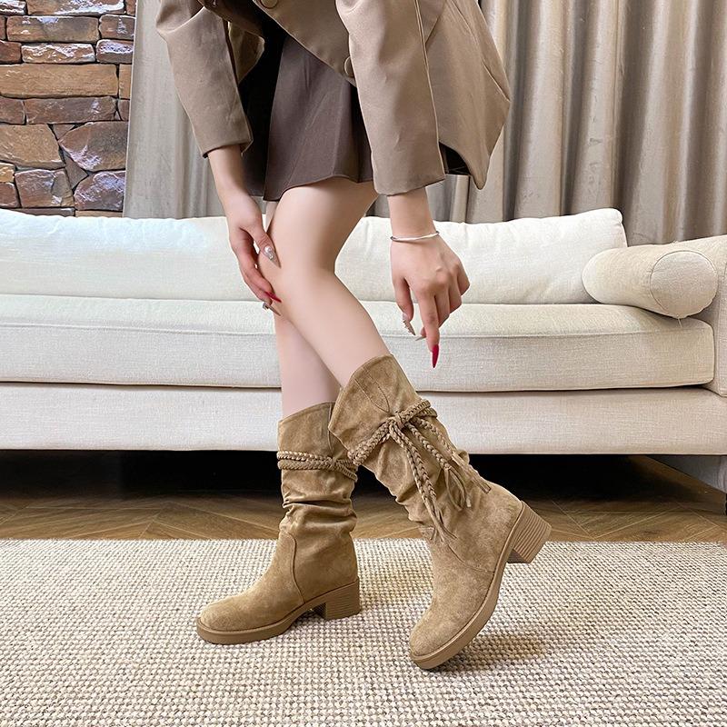 Thick-soled boots female waste retro style knight boots soft leather frosted fringed hemp rope thick heel western cowboy stacking boots