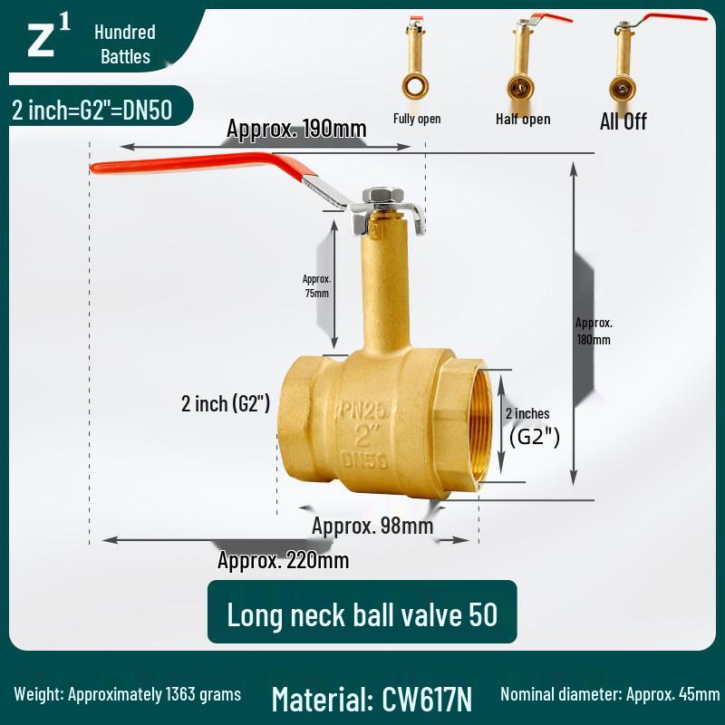 All-Copper High-Stem Straight-Through Ball Valve, 1 Inch, Double Internal Thread, 50 High Neck, Thickened Copper, Dn25.