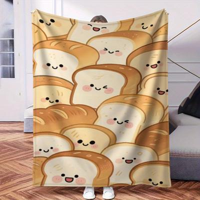 Niedliche Toastbrot Digitaldruck Flanelldecke - Skurriles lächelndes Brotdesign, Weiche Ganzjahres-Kuscheldecke für Bett, Sofa